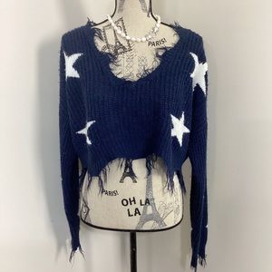 Women’s NavyBlue White Stars Cropped VNeck Distressed Fringes Knit LS Sweater